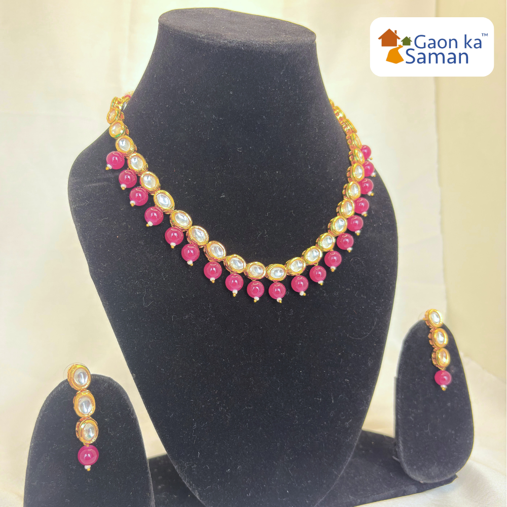 Beautiful Gold Plated Kundan And Ruby Necklace With Earrings