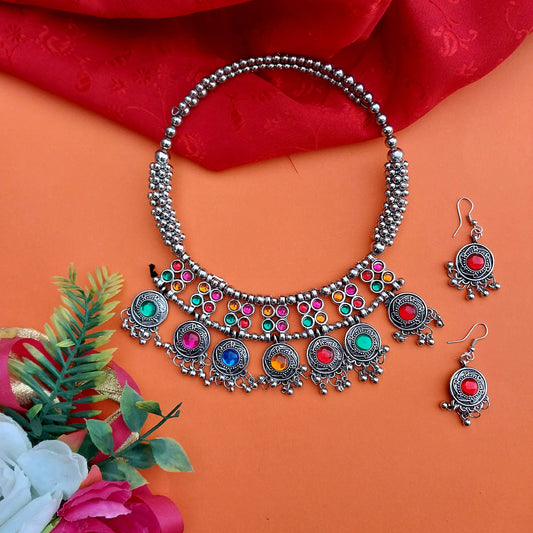 German Silver Oxidised Multi-Colour Choker set |  Kanthi Necklace beaded Ethnic set | for Women & Girls.