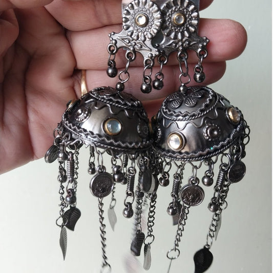 Golden Stone, Floral Jhumka German Silver oxidised, Handmade Jhumka set