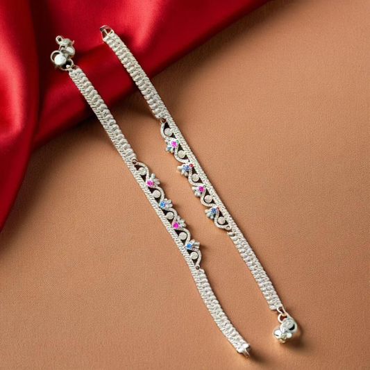 Ambi Phool Dual-Line Silver Chain Anklets | For Girls and Women