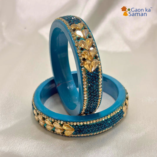 Traditional Firozi Colour Kundan Topaz Fitted Kada Latest Design Rajasthani Bangles | Set of 2 lakh Bangles | Traditional Kada | For Women and Girls