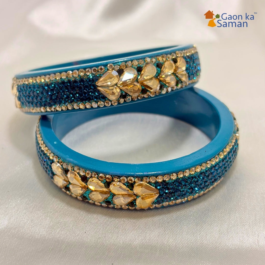 Traditional Firozi Colour Kundan Topaz Fitted Kada Latest Design Rajasthani Bangles | Set of 2 lakh Bangles | Traditional Kada | For Women and Girls