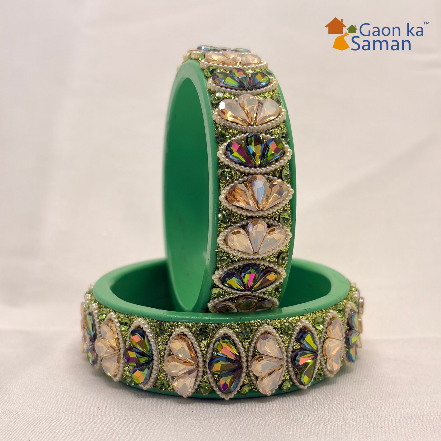 Rajasthani Traditional Sea Green Colour Lac Kada Bangles For Women & Girl With Latest Kundan Design