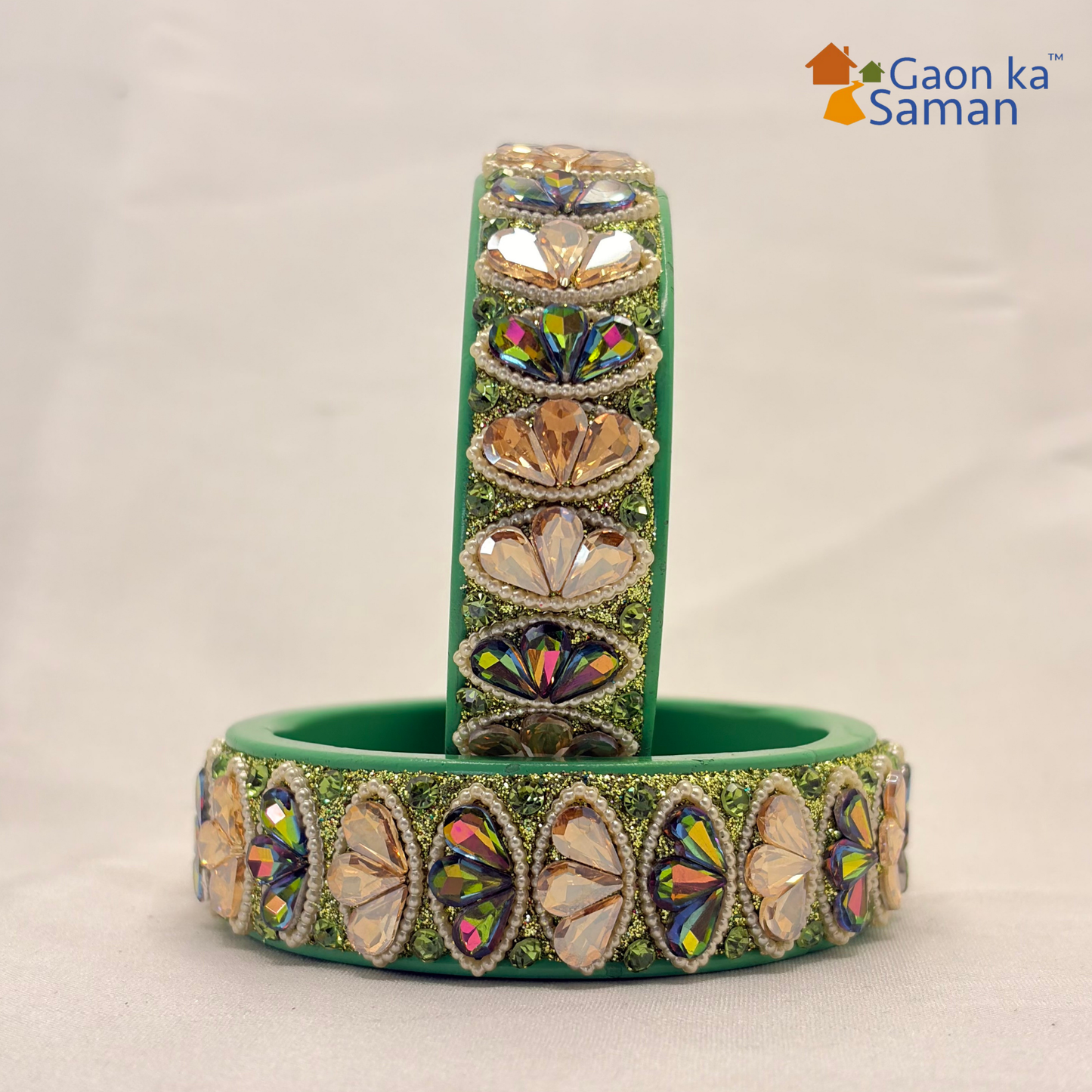 Rajasthani Traditional Sea Green Colour Lac Kada Bangles For Women & Girl With Latest Kundan Design