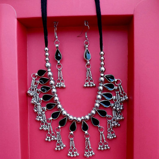 Tribal Boho Black mirror oxidised silver| Choker set| Traditional Handmade | for Women & Girls.