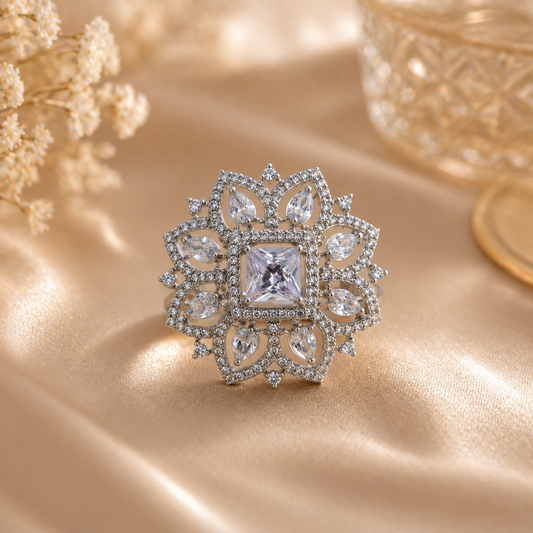 Rhodium Plated Adjustable American Diamond Ring