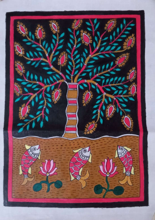 Beneath the Pink Canopy: Handmade Madhubani Fusion Painting. gaonkasaman