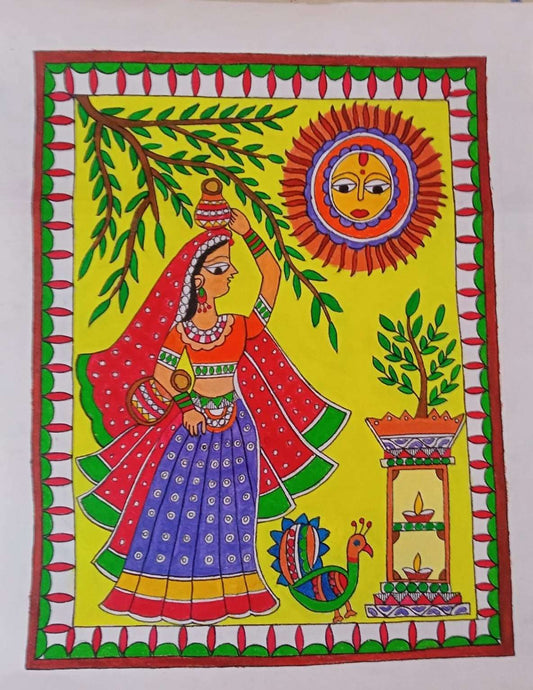 Blooms of Tradition: Handmade Madhubani Canvas Painting. gaonkasaman