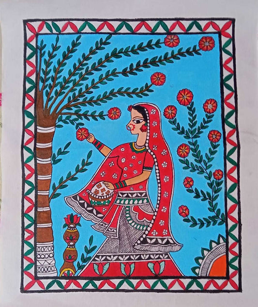 Blossoming Floral Heritage: Handmade Madhubani Painting. gaonkasaman