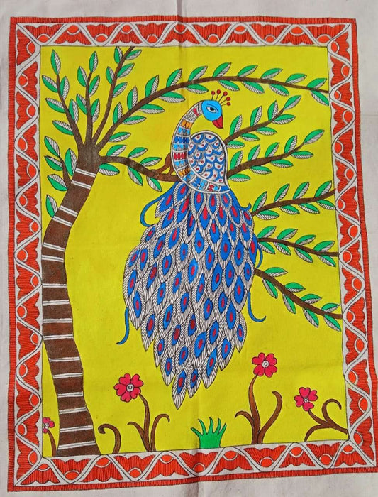 Enchanting Peacock Reverie: A Madhubani Handmade Madhubani Painting. gaonkasaman