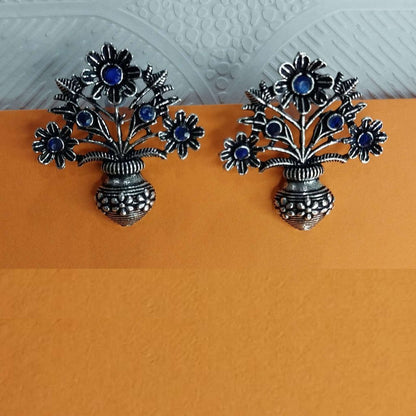 Floral Pot Maroon Stoned German Silver Earrings gaonkasaman