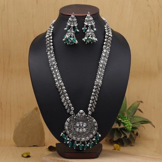 Green Kundan German Silver Oxidized Rani-Haar | Long Necklace Set | Kundan Necklace Set | For Women & Girls