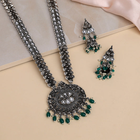 Green Kundan German Silver Oxidized Rani-Haar | Long Necklace Set | Kundan Necklace Set | For Women & Girls