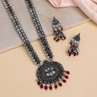 Green Kundan German Silver Oxidized Rani-Haar | Long Necklace Set | Kundan Necklace Set | For Women & Girls