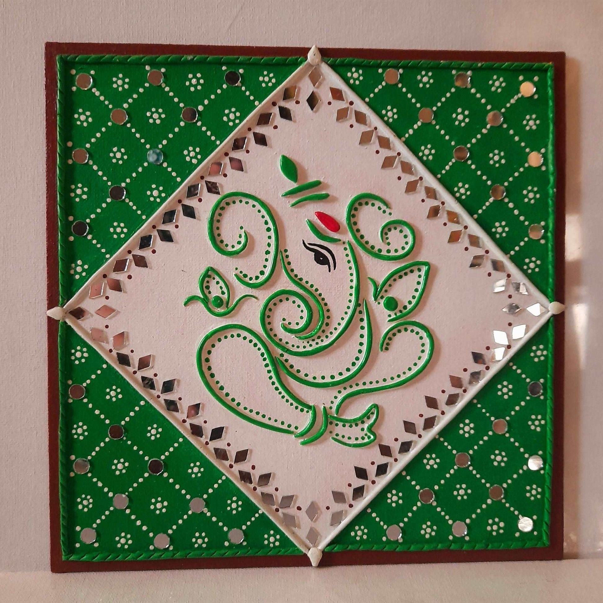 Ganesh Green Lipan Art With Mirror painting art on Canvas (10 x 10) gaonkasaman