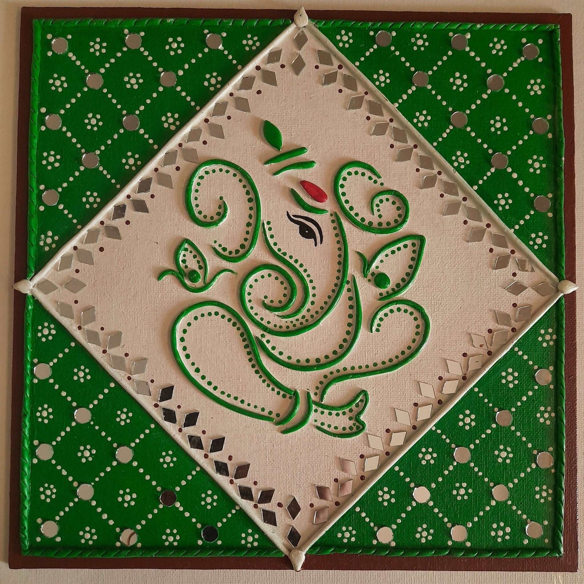 Ganesh Green Lipan Art With Mirror painting art on Canvas (10 x 10) gaonkasaman