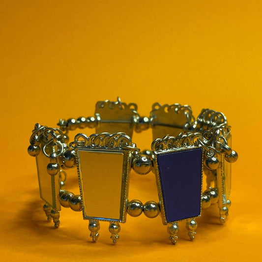 German Oxidised Silver Cuff With Multicolour Mirror Silver Bells Designer Bangle gaonkasaman