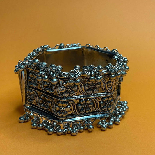 German Oxidised Silver Meenakari Floral Design Cuff With Silver Bells gaonkasaman