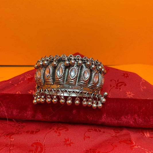 German Oxidised Silver Stoned Cuff With Silver Bells gaonkasaman