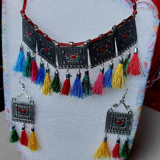 German Silver Meenakari Chokar with Multi Colour silk Tassel gaonkasaman