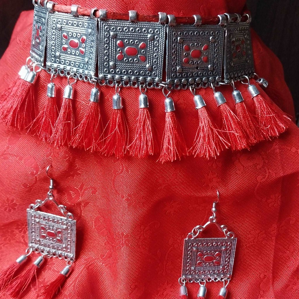 German Silver Meenakari Chokar with red silk Tassel gaonkasaman