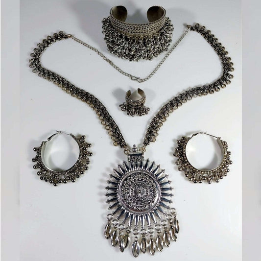 German Silver Oxidized Traditional Pendant Necklace with Earrings & Ring gaonkasaman