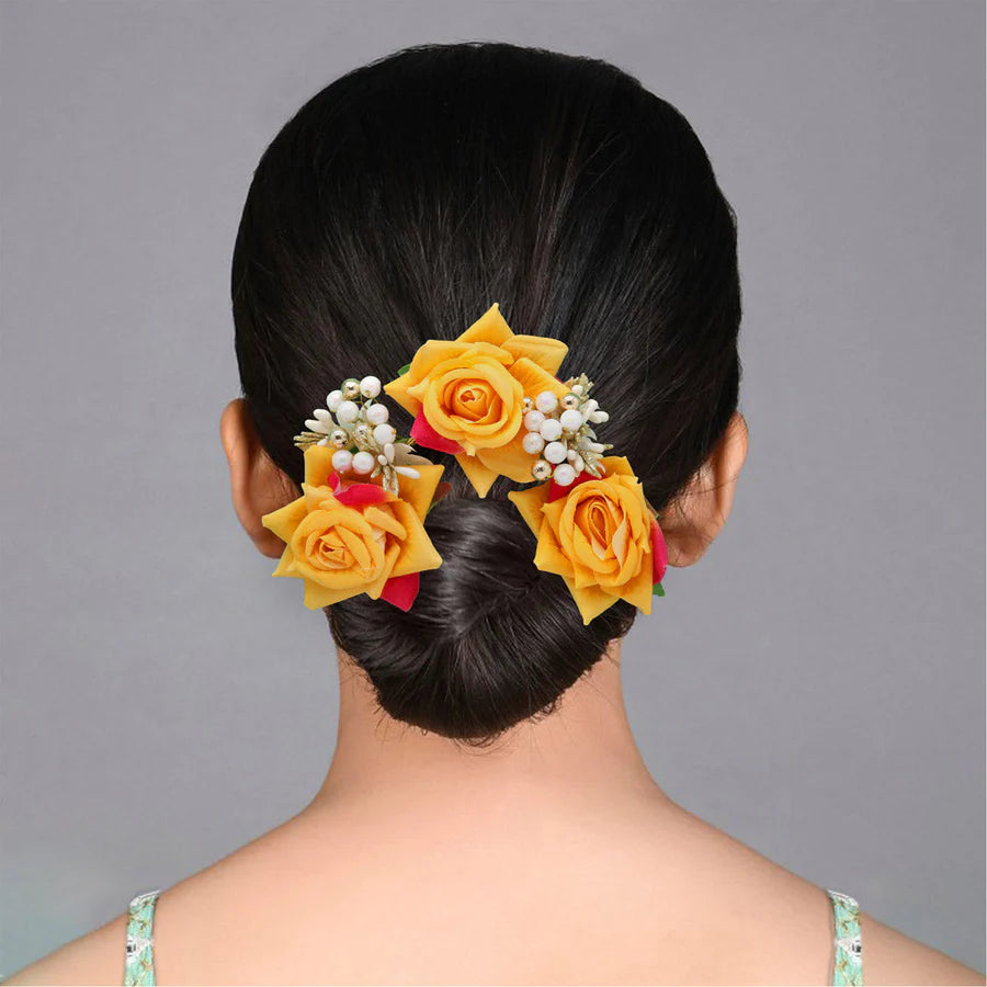 Mustard Yellow Color Rose Flower Gajra For Women Hair Pin