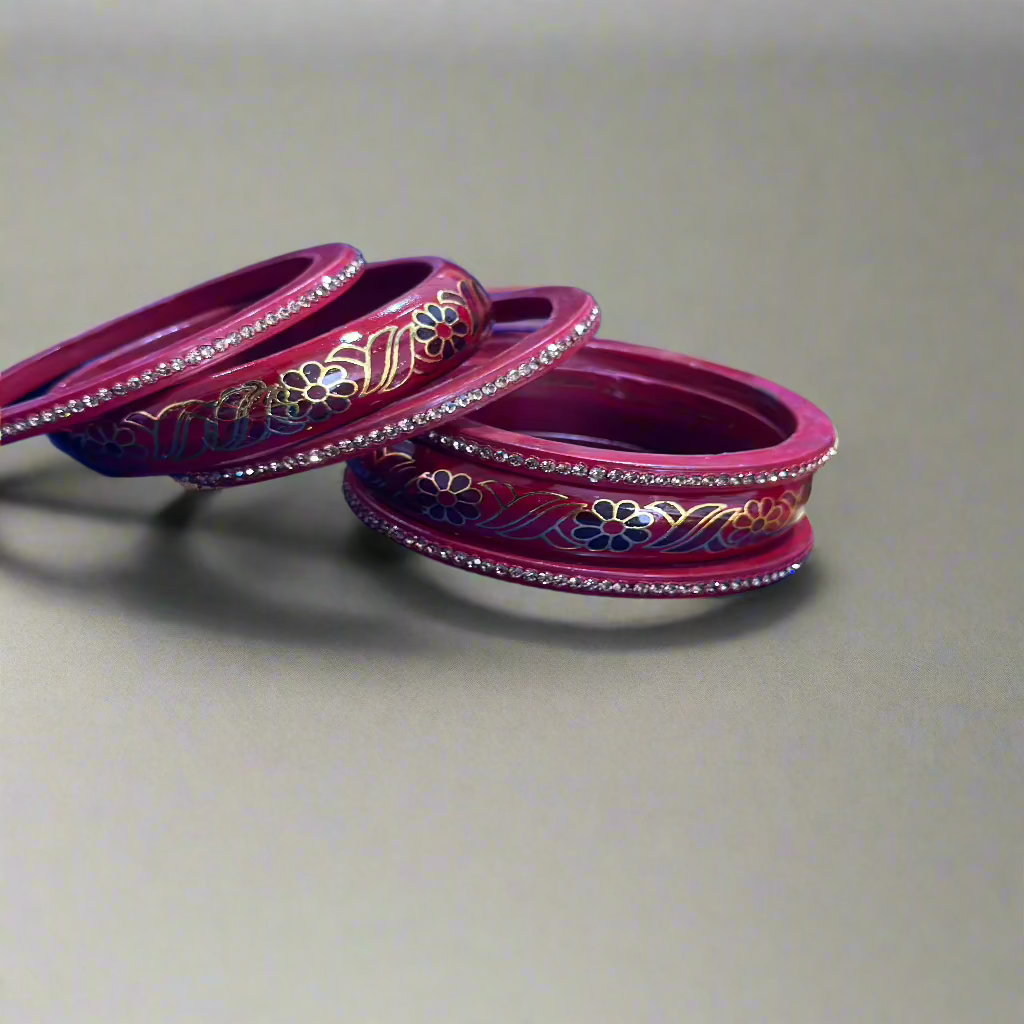 Maroon Lac Bangles with Golden Floral Vine Rhinestones | Set of 6 | for Women and Girls