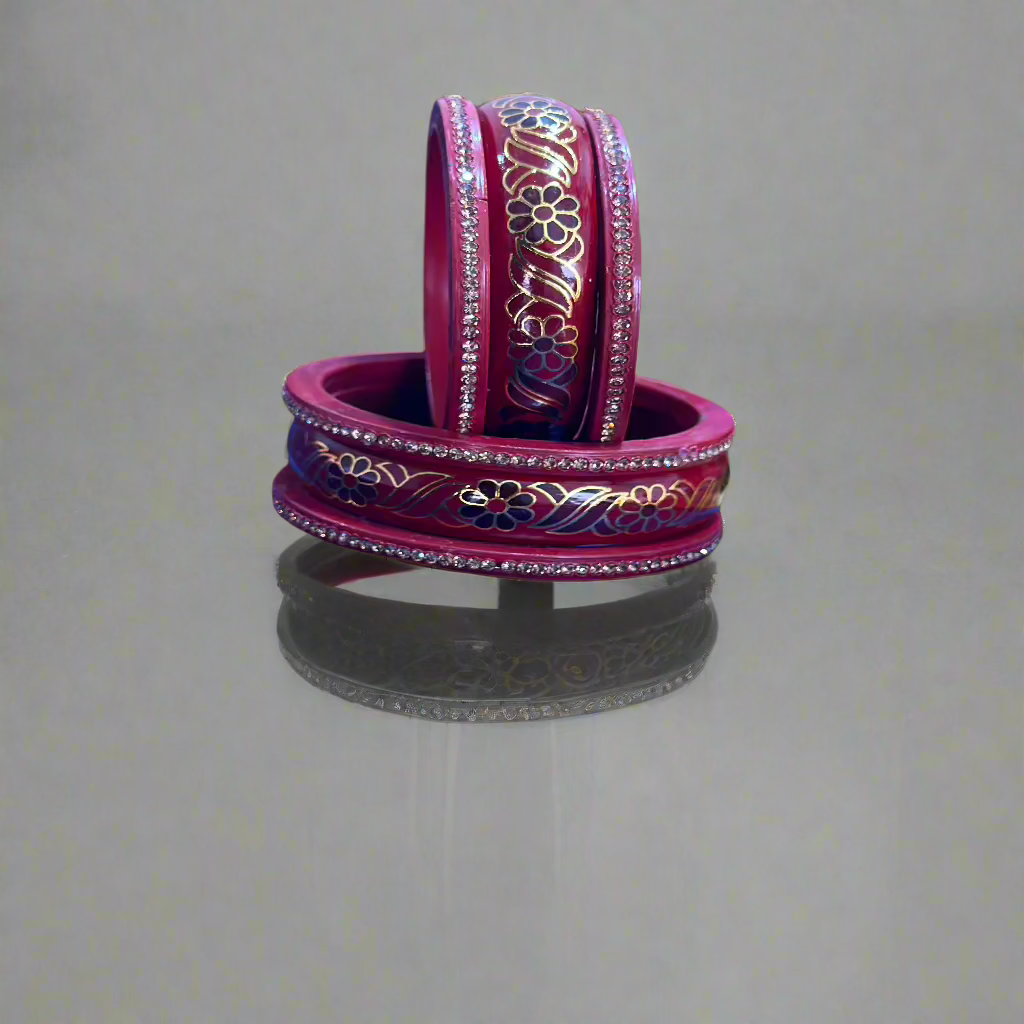 Maroon Lac Bangles with Golden Floral Vine Rhinestones | Set of 6 | for Women and Girls