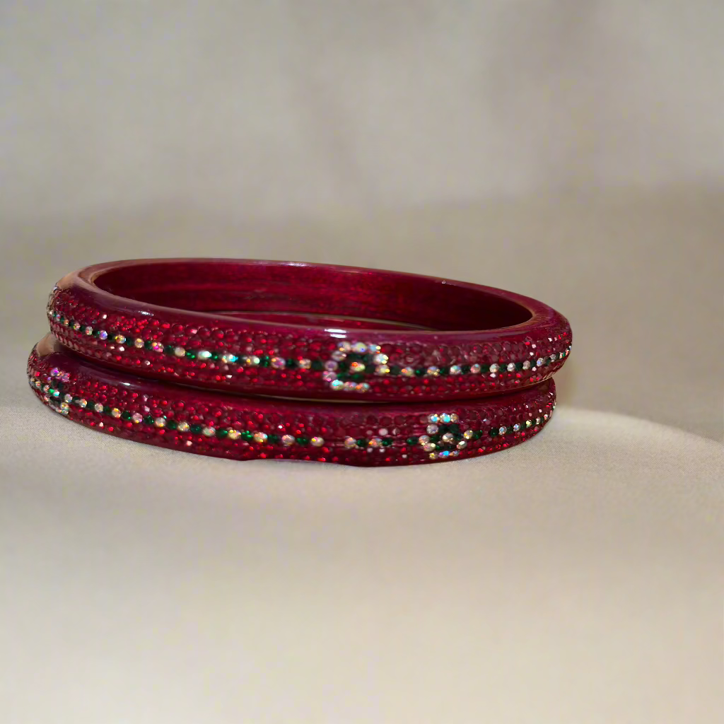 Maroon Lac Bangles with Green and White Zircon Stones | Set of 2 | for Women and Girls