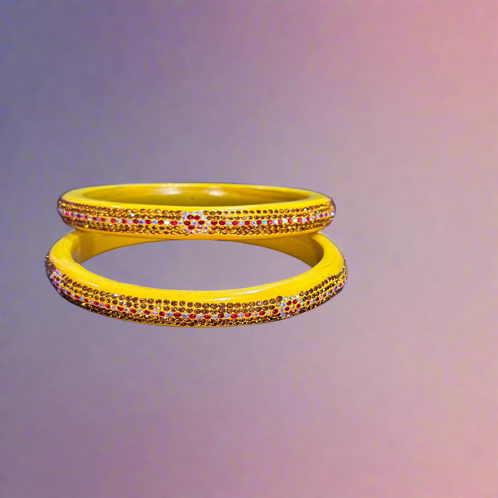 Yellow Lac Bangles with Pink and White Zircon Stones | Set of 2 | for Women and Girls