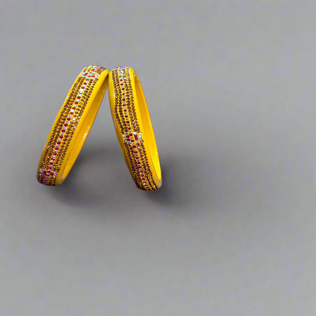 Yellow Lac Bangles with Pink and White Zircon Stones | Set of 2 | for Women and Girls