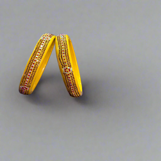 Yellow Lac Bangles with Pink and White Zircon Stones | Set of 2 | for Women and Girls