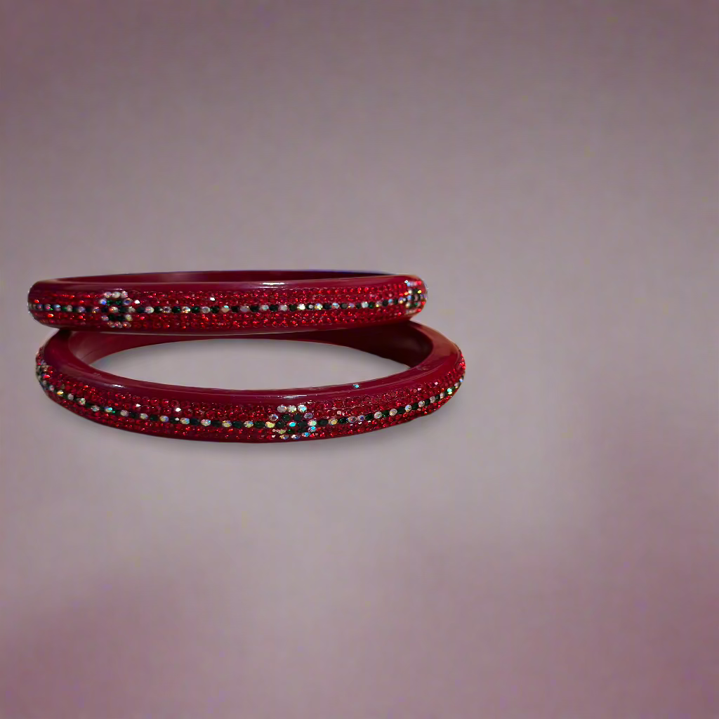 Red Lac Bangles with Green and White Zircon Stones | Set of 2 | for Women and Girls