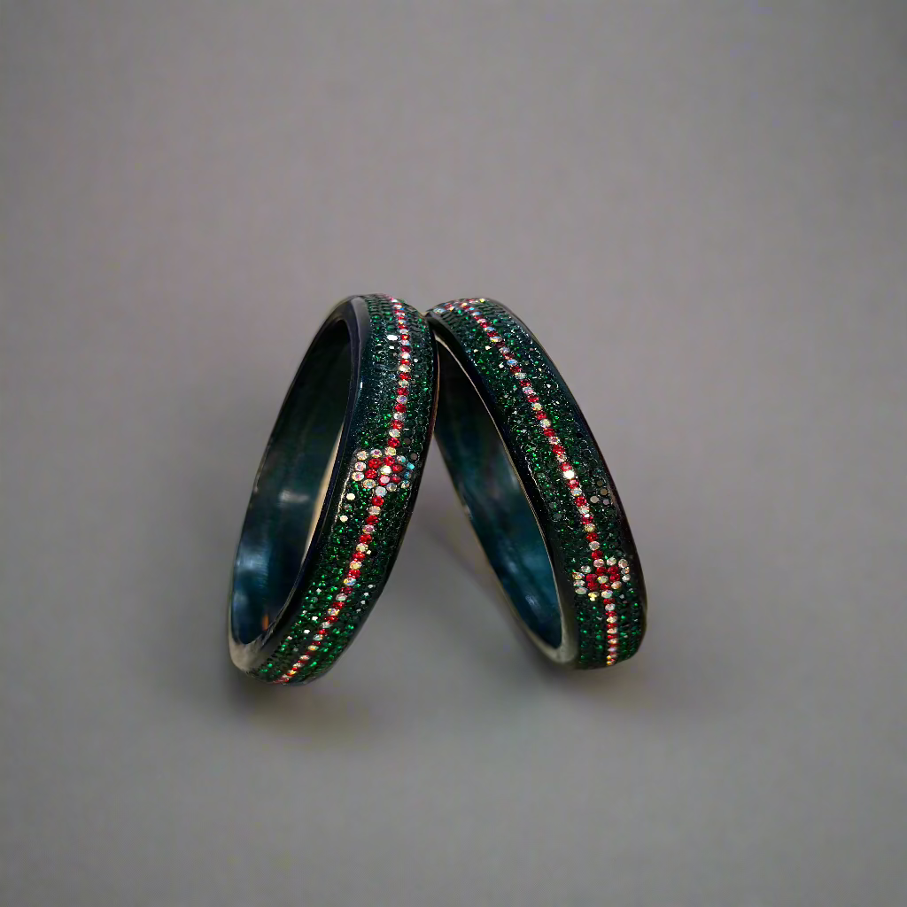 Dark Green Lac Bangles with Red and White Zircon Stones | Set of 2 | for Women and Girls