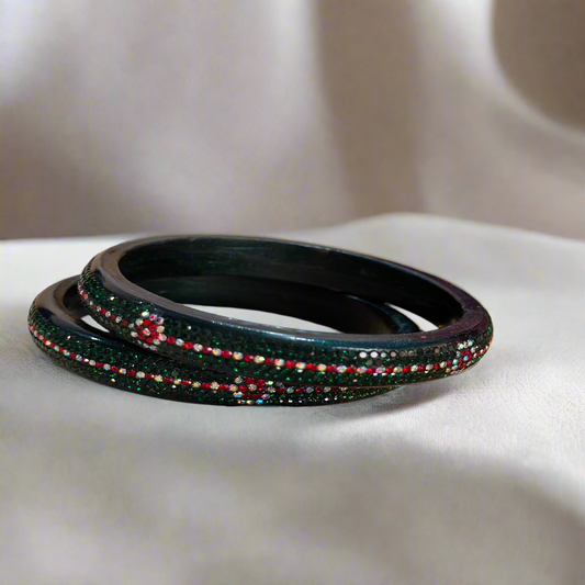 Dark Green Lac Bangles with Red and White Zircon Stones | Set of 2 | for Women and Girls