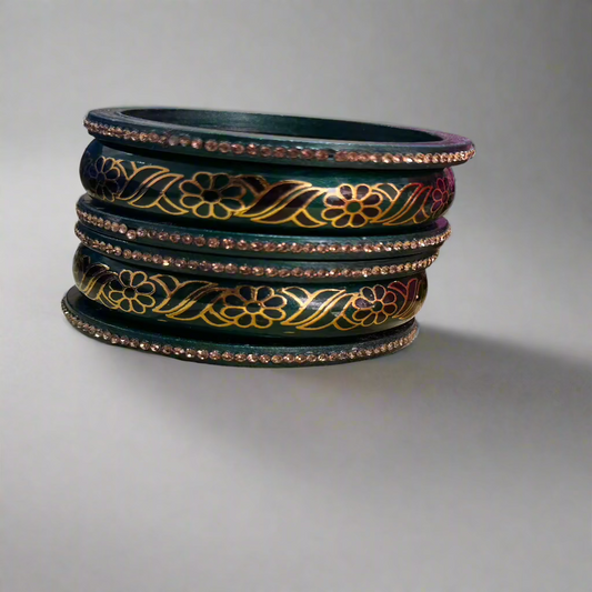 Green Lac Bangles with Golden Floral Vine Rhinestones | Set of 6 | for Women and Girls