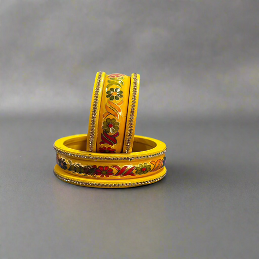 Yellow Lac Bangles with Golden Floral Vine Rhinestones | Set of 6 | for Women and Girls