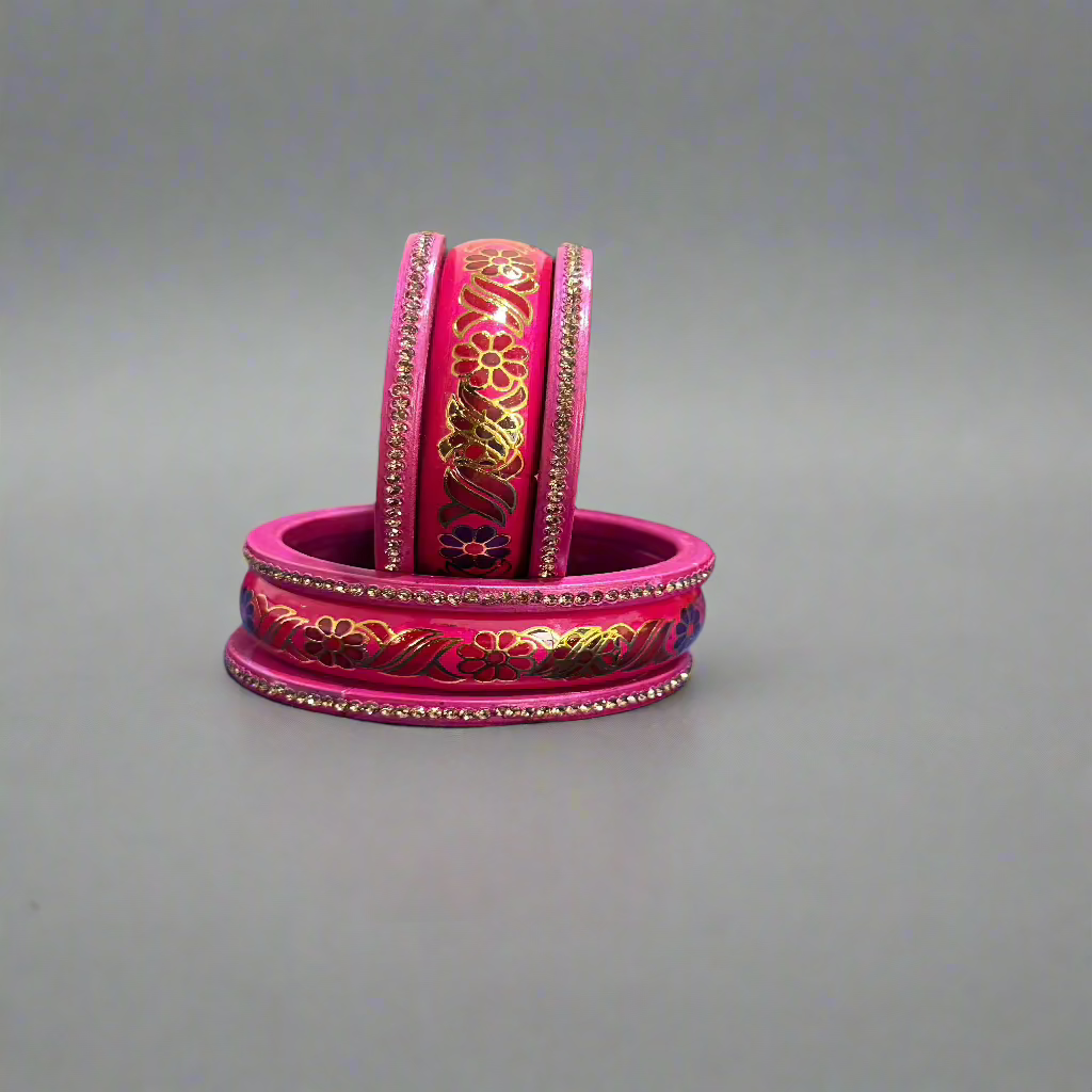 Pink Lac Bangles with Golden Floral Vine Rhinestones | Set of 6 | for Women and Girls