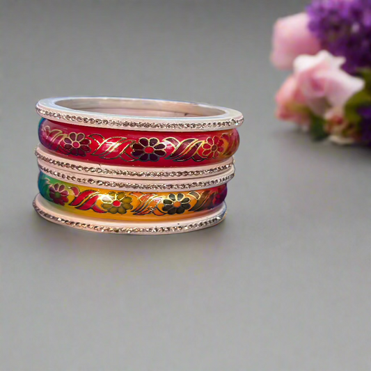 Ombre-Yellow and Red Lac Bangles with Golden Floral Vine Rhinestones | Set of 6 | for Women and Girls