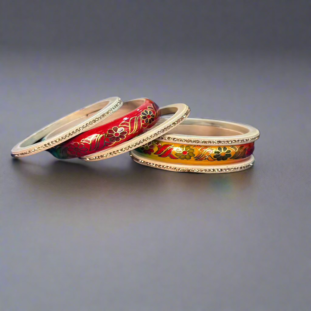 Ombre-Yellow and Red Lac Bangles with Golden Floral Vine Rhinestones | Set of 6 | for Women and Girls