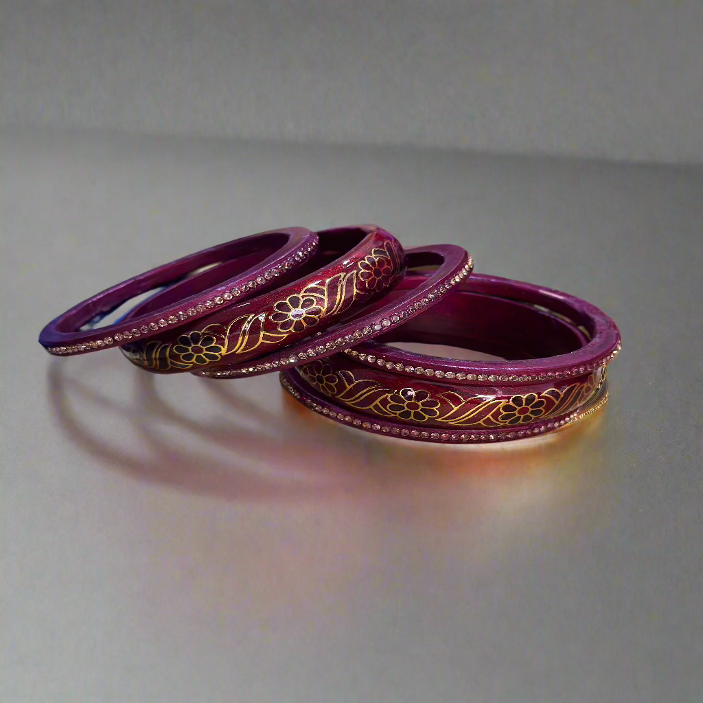 Red Lac Bangles with  Golden Floral Vine Rhinestones | Set of 6 | for Women and Girls.