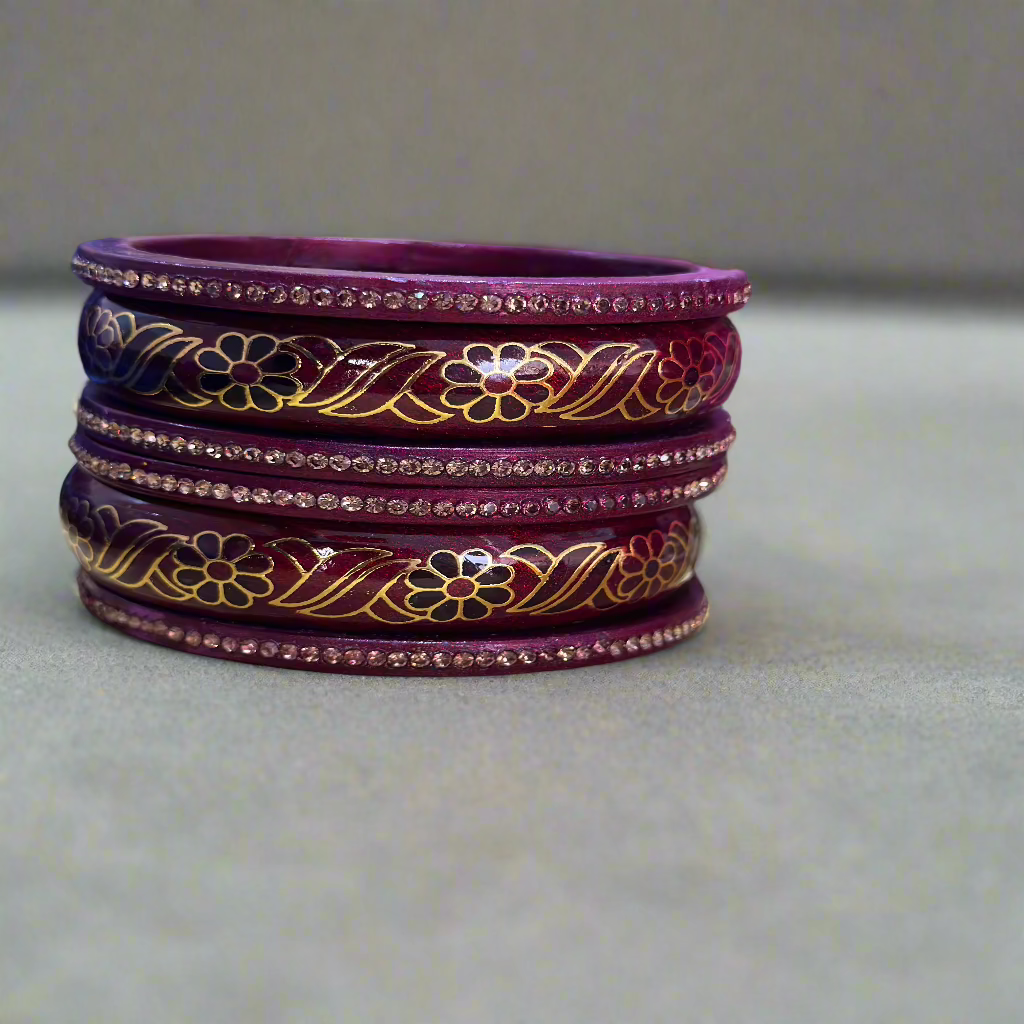 Red Lac Bangles with  Golden Floral Vine Rhinestones | Set of 6 | for Women and Girls.