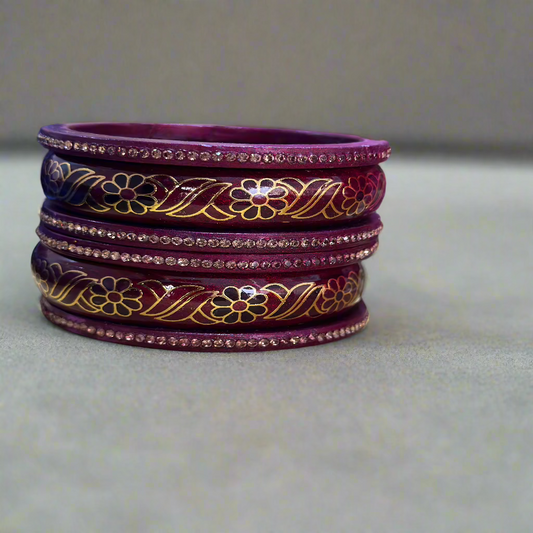 Red Lac Bangles with  Golden Floral Vine Rhinestones | Set of 6 | for Women and Girls.