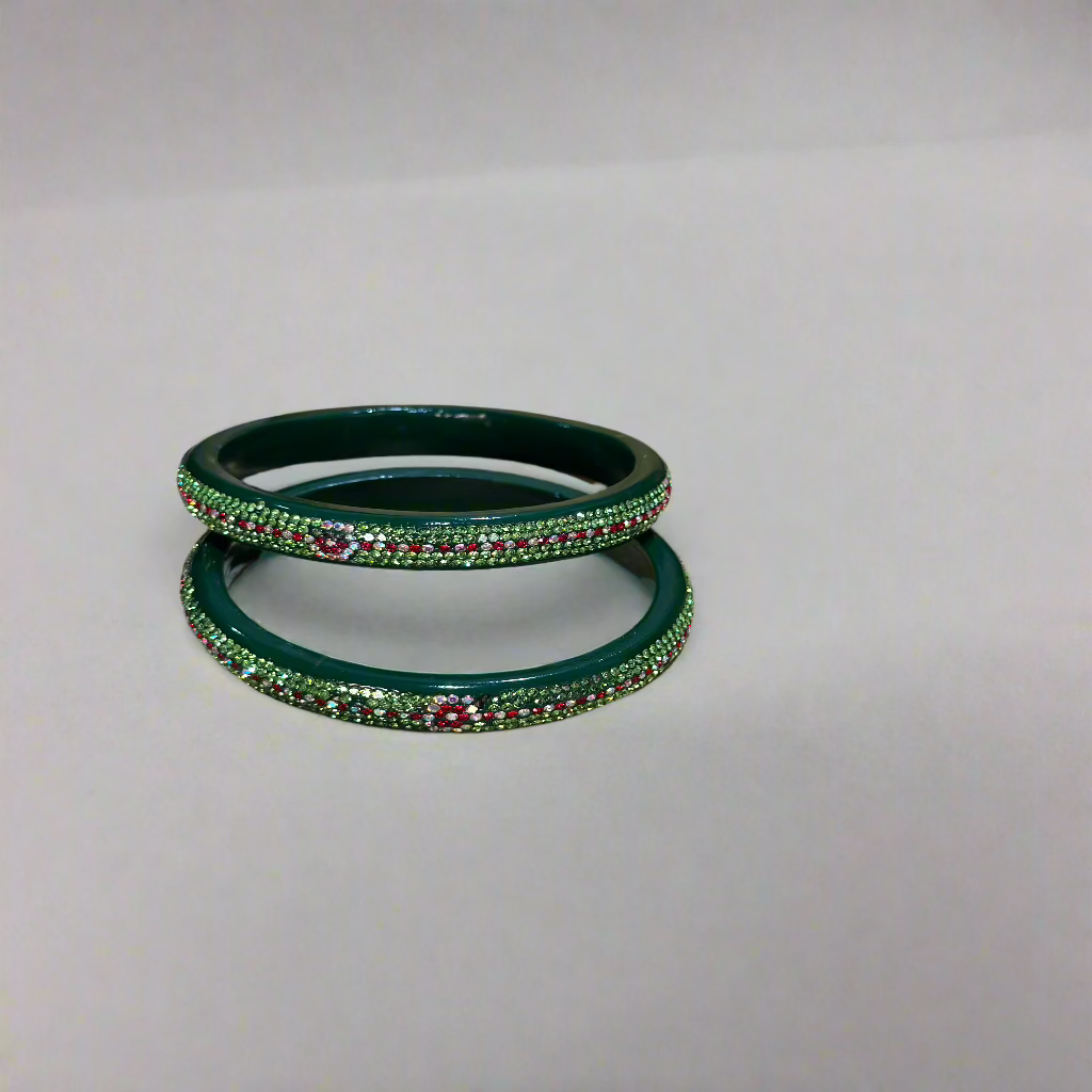 Green Lac Bangles with Light Green and Maroon Zircon Stones | Set of 2 | for Women and Girls