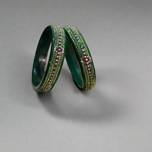 Green Lac Bangles with Light Green and Maroon Zircon Stones | Set of 2 | for Women and Girls