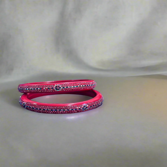 Pink Lac Bangles with Green and White Zircon Stones | Set of 2 | for Women and Girls