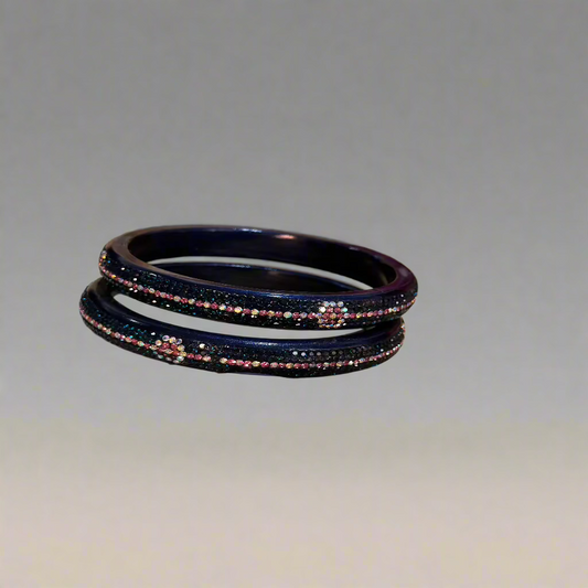 Navy Lac Bangles with Pink and White Zircon Stones | Set of 2 | for Women and Girls