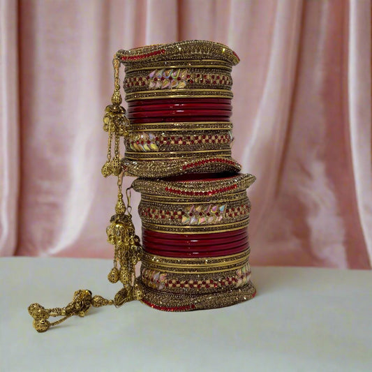 Maroon/Red and Golden Rhinestone Lac Bangles chura Set with Bangdi and Kaleere | For Girls and Women