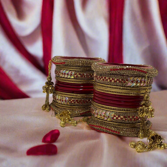 Maroon/Red and Golden Rhinestone Lac Bangles chura Set with Bangdi and Kaleere | For Girls and Women